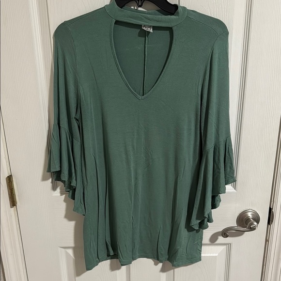 Sun Moon Sage Green Keyhole Neck Bell Sleeve Blouse Top - Picture 1 of 2